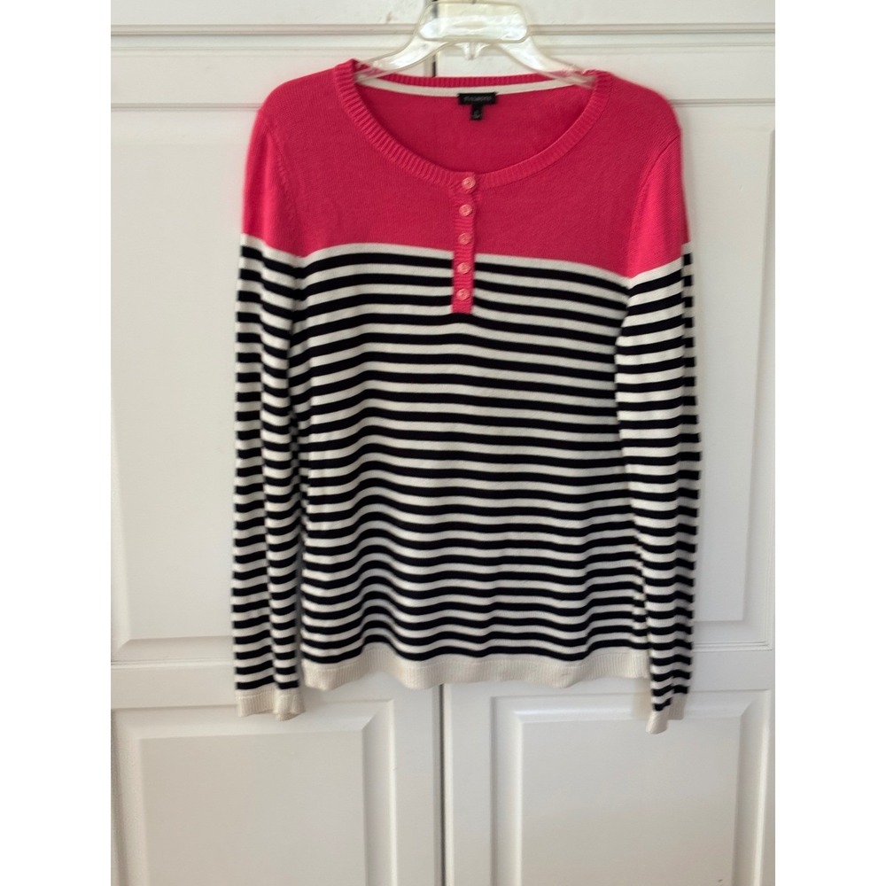 Talbots Womens Pink Striped Henley Sweater Colorblock Long Sleeve Size Large‎